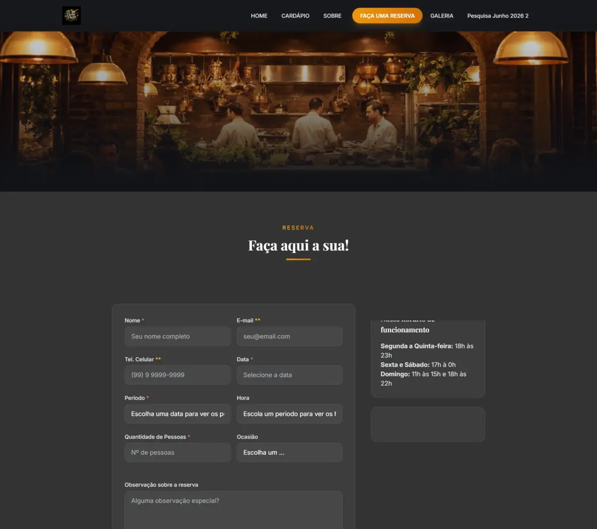 Página pública de reservas do restaurante, com identidade visual própria