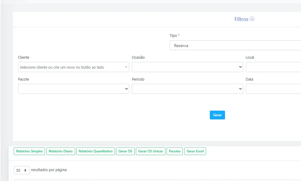 Gerador de relatórios com filtros por período, cliente e forma de cobrança
